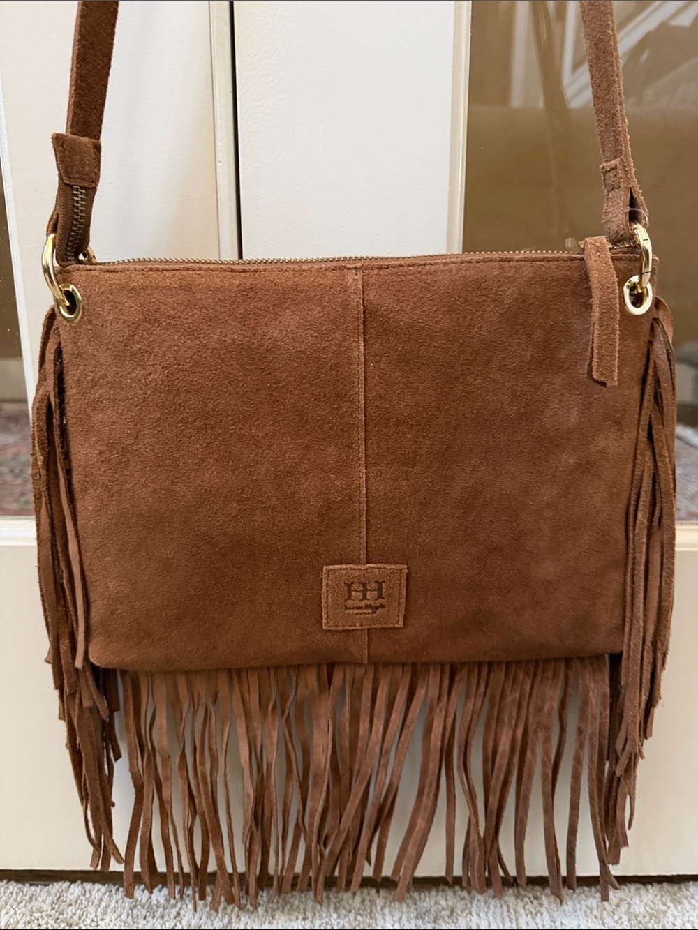 Haute Hippie Women’s Tan Genuine Suede Fringe Zip Top Crossbody Bag
